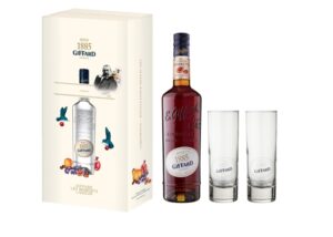 Trois coffrets liqueur et leurs deux verres : Amaretto, Curaçao bleu et Parfait Triple Sec 