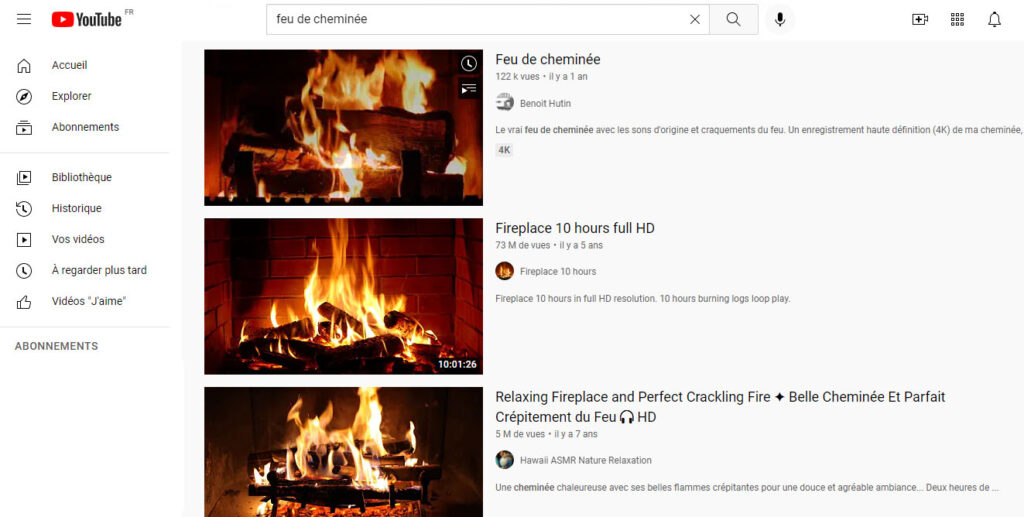Feu de cheminée sur Youtube